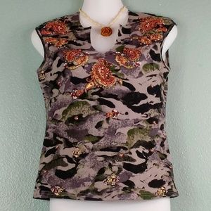Beaded Sequin Stylized Camo Sleeveless Top Small
